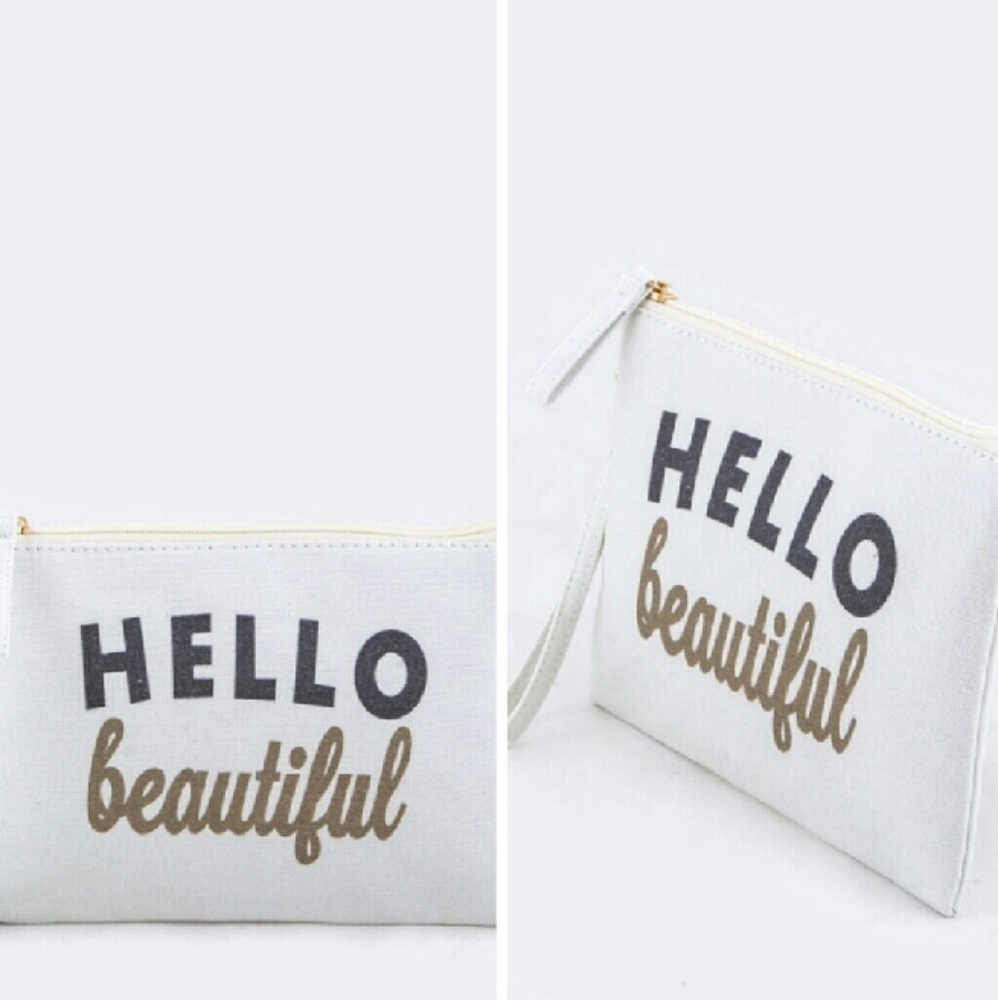 Cream "Hello Beautiful" Wristlet/Clutch
